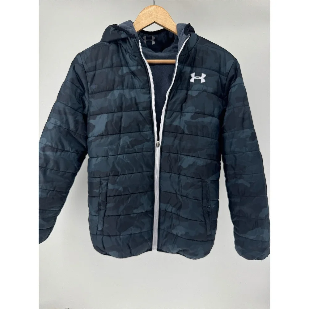Under Armour Puffer Jacket Kids Large Blue Camo Storm Hooded Coat Reversable
